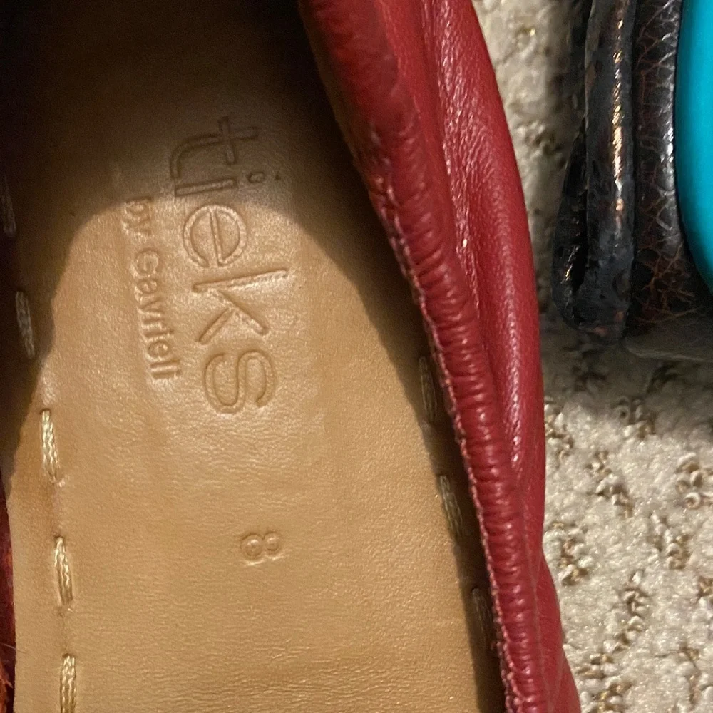 Tieks Red Leather Flats with Turquoise Accent - Picture 3 of 7